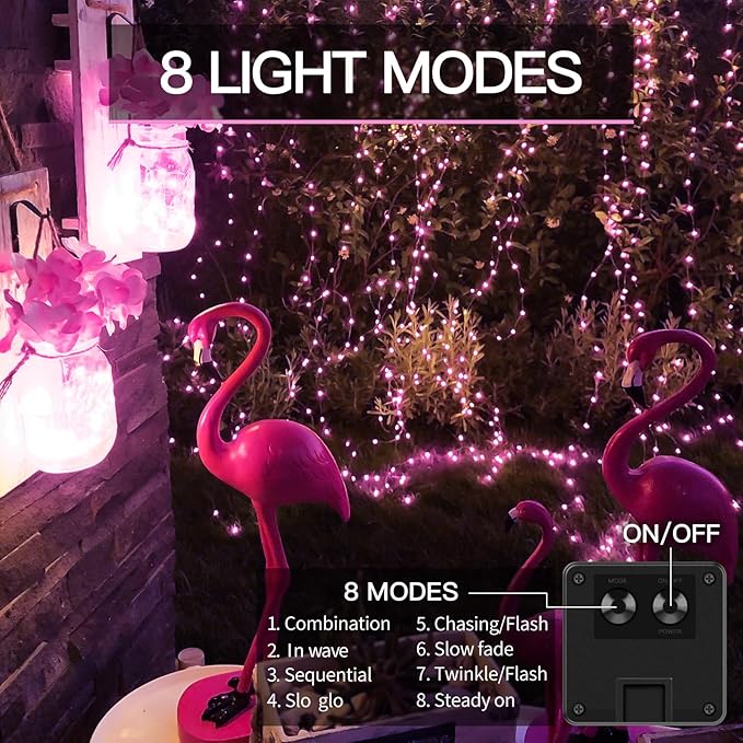 suddus Pink Solar String Lights for Outside, 2 Pack Total 66ft 200 Led Pink Fairy Light Outdoor, 8 Modes Solar Twinkle Light for Halloween Decor, Fence, Patio, Yard, and Party