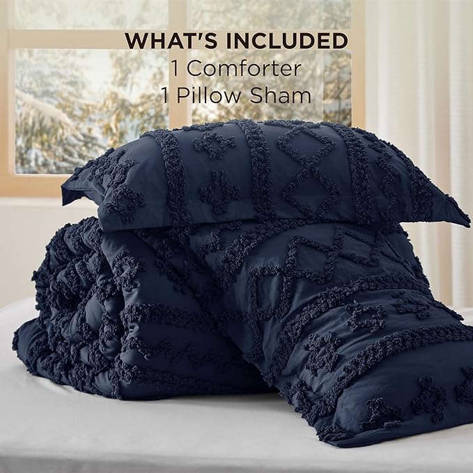 Bedsure Tufted Boho Comforter Set Twin Size - Navy Boho Bed Set, GentleSoft™ 2 Pieces Farmhouse Shabby Chic Embroidery Bedding, Gifts for Woman, Soft Jacquard Twin Comforter for All Seasons