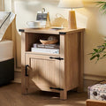 Boho Fluted Nightstand for Bedroom, 18" Rustic Night Stand with Charging Station & USB Port, Modern Accent Bedside Tables with Open Storage Shelf & Door, Wood End Table for Home, Natural Oak
