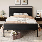 SHA CERLIN 14 Inch Twin Size Metal Platform Bed Frame with Wooden Headboard and Footboard, Mattress Foundation, No Box Spring Needed, Large Under Bed Storage, Heavy Duty Slats Support, Black Oak
