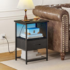 Fixwal Night Stand with Charging Station, LED Nightstand Side Table with Fabric Drawers PU Finish, End Tables Bedroom, Bedside Table, Black