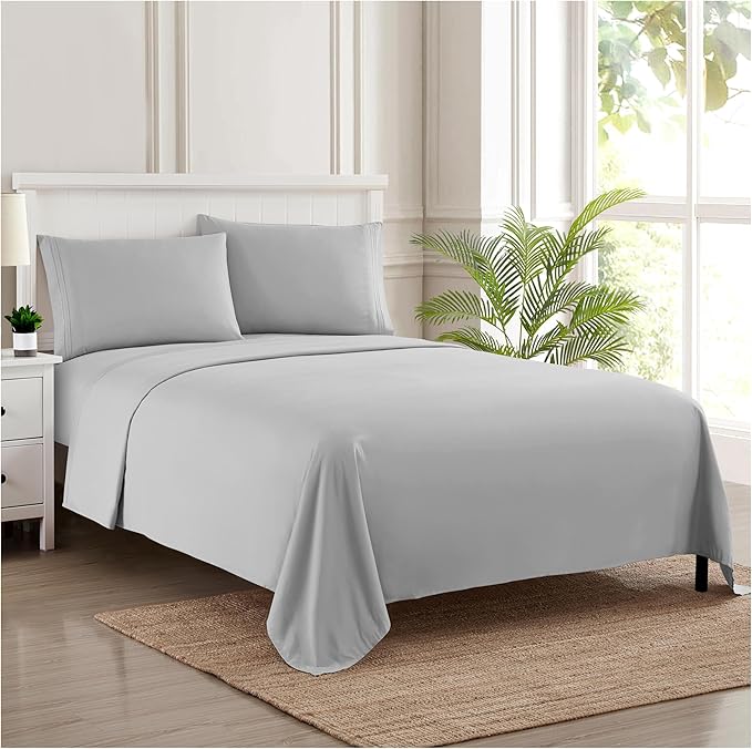 RV Queen Bed Sheets - Breathable Luxury Sheets with Full Elastic & Secure Corner Straps Built In - 1800 Supreme Collection Extra Soft Deep Pocket Bedding Set, Sheet Set, RV Short Queen, Silver