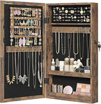 SONGMICS Lockable Jewelry Cabinet Armoire with Mirror, Wall-Mounted Space Saving Jewelry Storage Organizer, Christmas Gift, Rustic Brown UJJC051K01