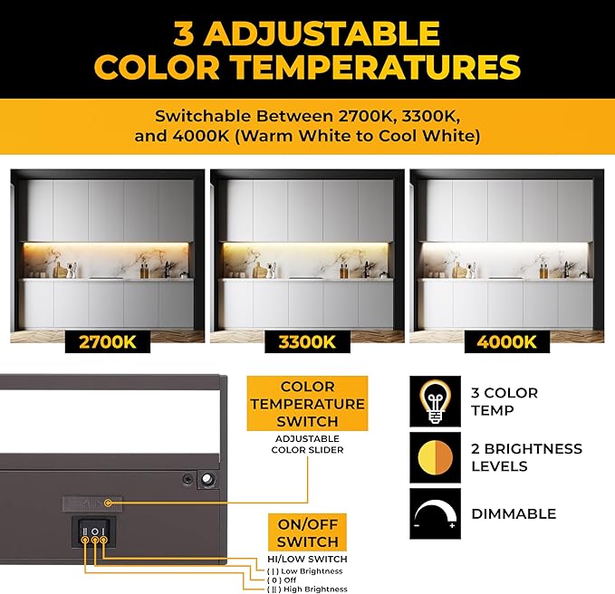 LED Under Cabinet Lighting Hardwired - 3CCT 32 Inch Bronze Finish - Undercabinet Lights for Kitchen - Linkable Undercounter Dimmable Plug in Light or Hard Wired - Under Counter Fixture Direct Wire
