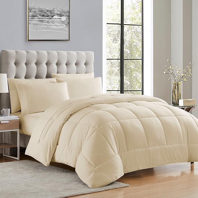 Sweet Home Collection 5 Piece Comforter Set Bag Solid Color All Season Soft Down Alternative Blanket & Luxurious Microfiber Bed Sheets, Beige, Twin