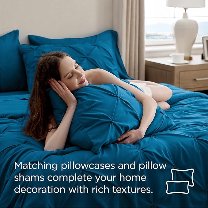 Bedsure California King Comforter Set Teal - Bed in a Bag Cal King Bedding Set 7 Pieces, GentleSoft™ Pintuck Bed Set Gift for Family, Pinch Pleat Teal Comforter with Sheets, Pillowcases & Shams