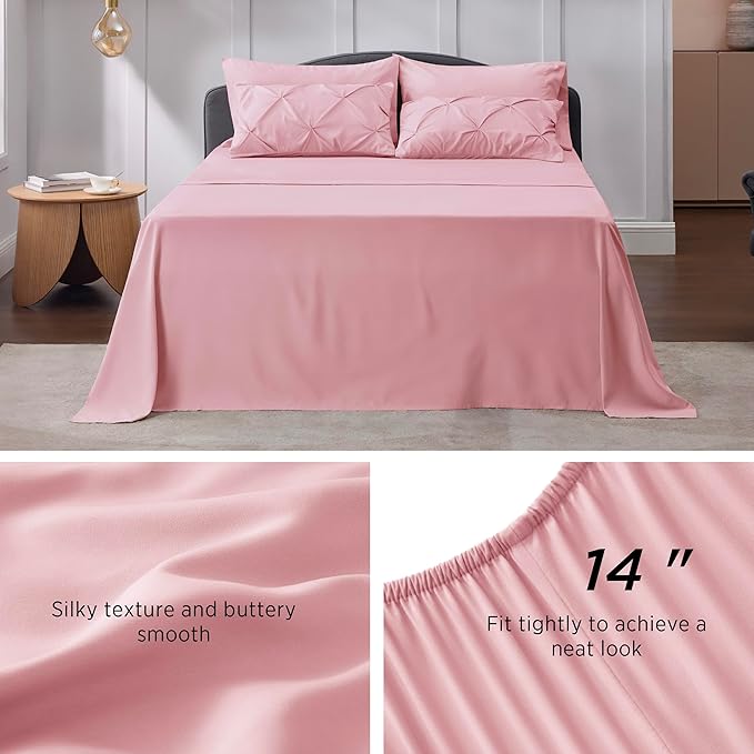 Bedsure Queen Comforter Set Baby Pink - Bed in a Bag Queen Size Bedding 7 Pieces, GentleSoft™ Pintuck Bed Set Gift for Family, Pinch Pleat All Season Comforter with Sheets, Pillowcases & Shams