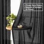 Black Curtains Semi Sheer 84 Inches Long, Linen Textured Light Filtering Drapes for Living Room Bedroom, Dark Moody Modern Farmhouse Window Decor, Pinch Pleat Curtain with Hooks