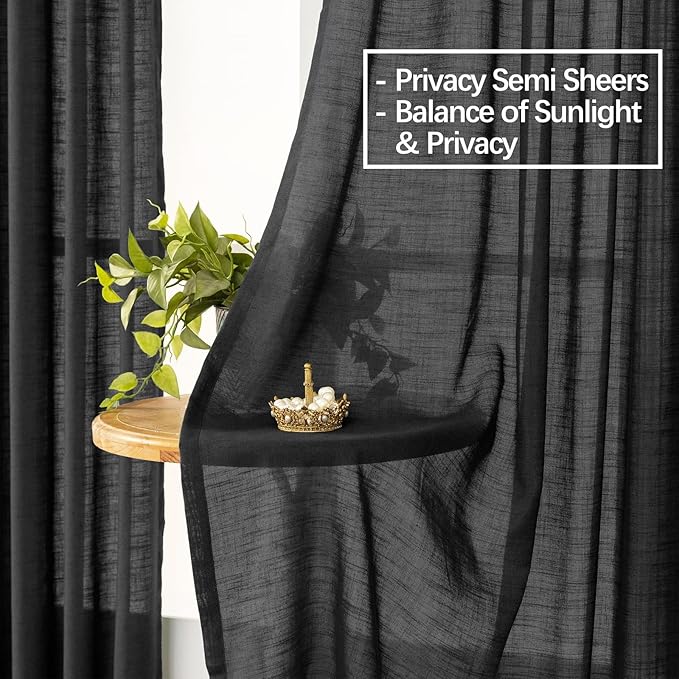 Black Linen Sheer Pinch Pleated Sliding Door Curtains, 2x50 Inches Width, Dark Moody Neutral Light Filtering Drapes 84 Inches Long, Textured Modern Farmhouse Window Curtain Panels