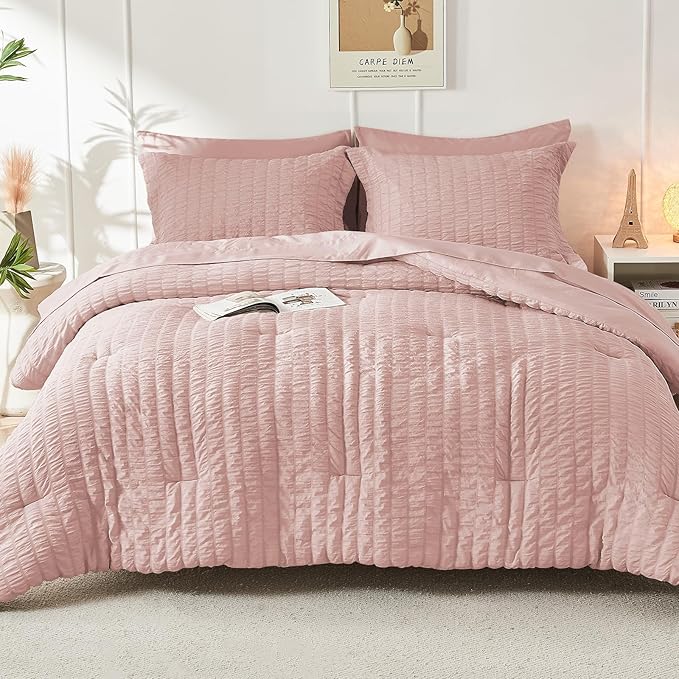 HYMOKEGE Rose Gold California King Comforter Set Seersucker 7 Pieces, All Season Luxury Bed in a Bag Queen for Bedroom, Bedding Set with Comforter, Sheets, Pillowcases & Shams