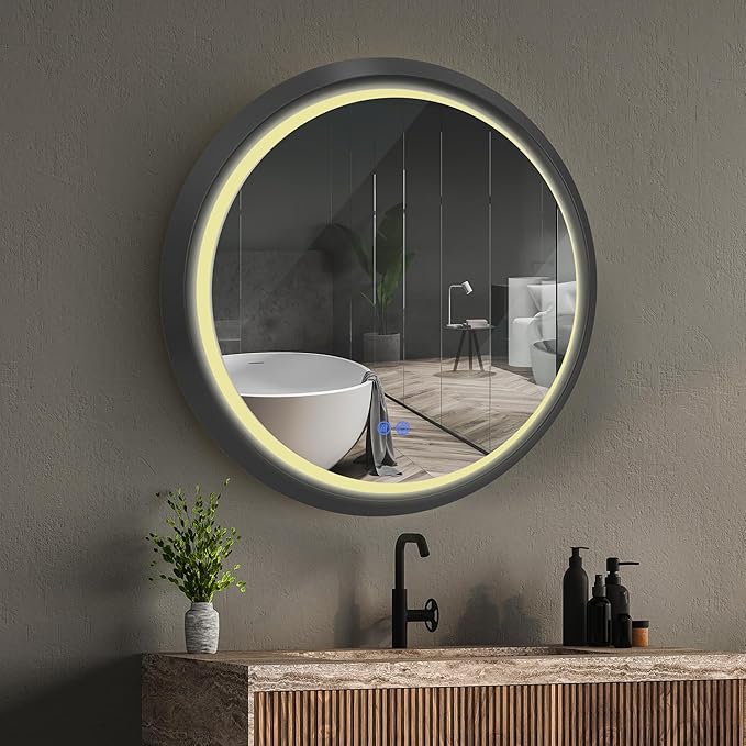 Round LED Bathroom Mirror with Lights, Front Lit Makeup Mirror, Anti-Fog, 3 Colors and Dimmable Light, 36 Inchs Black