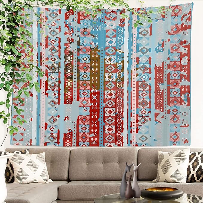 Batmerry Blue Grey Boho Garbage Tapestry, Red Wall Art Hanging Decoration Polyester Fiber White Ruffled Around for Dorm Room Bedroom Living Room, 51.2x59.1 inches