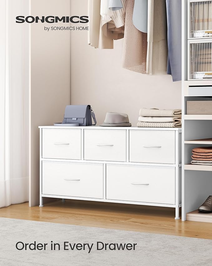 SONGMICS Dresser for Bedroom, Chest of Drawers, TV Stand, Steel, MDF, 5 Non-Woven Fabric Drawers, Storage Organizer Unit, Closet, Entryway, Cloud White and Snow White ULGS322W01S