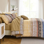 Boho Queen Comforter Set 8 Pieces, Yellow Bohemian Striped Bed in a Bag, Paisley Soft Microfiber Bedding Comforter Set