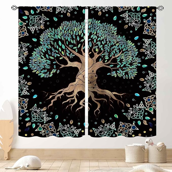 Tree of Life Curtains, Hippie Green Leaves Tree Life Vikings Celtic Nordic Aesthetic Mythology Window Drapery Treatments for Bedroom Living Room Bathroom 2 Panels, 52"x84" Inch