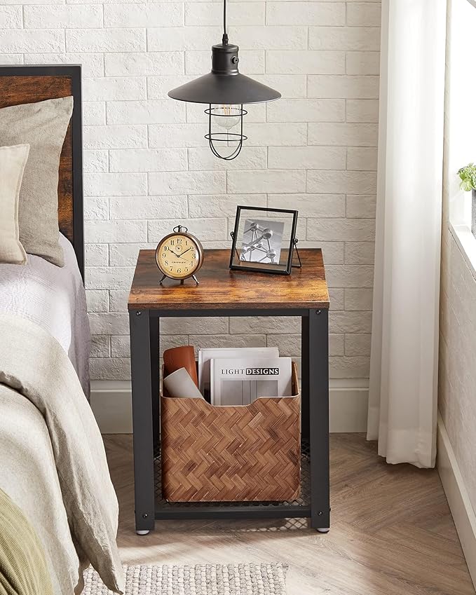 VASAGLE Side Table, 2-Tier Nightstand, End Table with Mesh Shelf, Steel Frame, Adjustable Feet, for Living Room, Bedroom, Industrial Style, Rustic Brown and Black ULET41X, 17.7 x 17.7 x 21.6 Inch