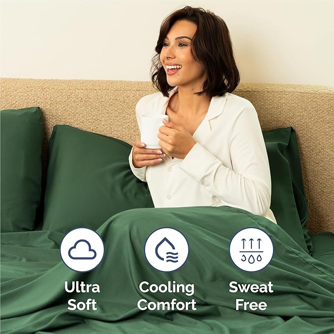 Split King 7 Piece Sheet Set - Comfy Breathable & Cooling - Ultra Soft Hotel Luxury Bedding Set w/ 8-16 Inch Deep Pockets - 1 Flat & 2 Fitted Sheet & 4 Pillowcases - Wrinkle Free & Easy Care - Emerald
