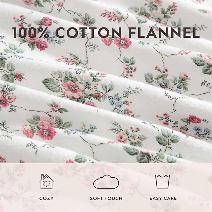 Laura Ashley - Flannel Sheets Full Size, Anti-Pilling & Wrinkle Resistant Cotton, Touchably Soft for All-Season Comfort - Bed Sheets with Matching Pillowcases & Fitted Sheet (Le Fleur Pink)