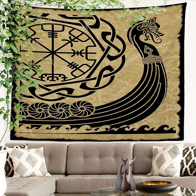 Batmerry Vikings Ancient Scandinavian Tapestry,Warship Boat Old Ancient Sea Wall Art Hanging Decoration Polyester Fiber White Ruffled Around for Dorm Room Bedroom Living Room, 51.2x59.1 inches