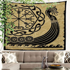 Batmerry Vikings Ancient Scandinavian Tapestry,Warship Boat Old Ancient Sea Wall Art Hanging Decoration Polyester Fiber White Ruffled Around for Dorm Room Bedroom Living Room, 51.2x59.1 inches