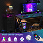 Furnulem Dresser for Bedroom, Tall Nightstand, Vertical Chest with Wood Top, Charging Station, LED Lights, 5 Fabric Bins, Bedside Table with Shelf, Furniture for Entryway (5 Drawer, Black Oak)