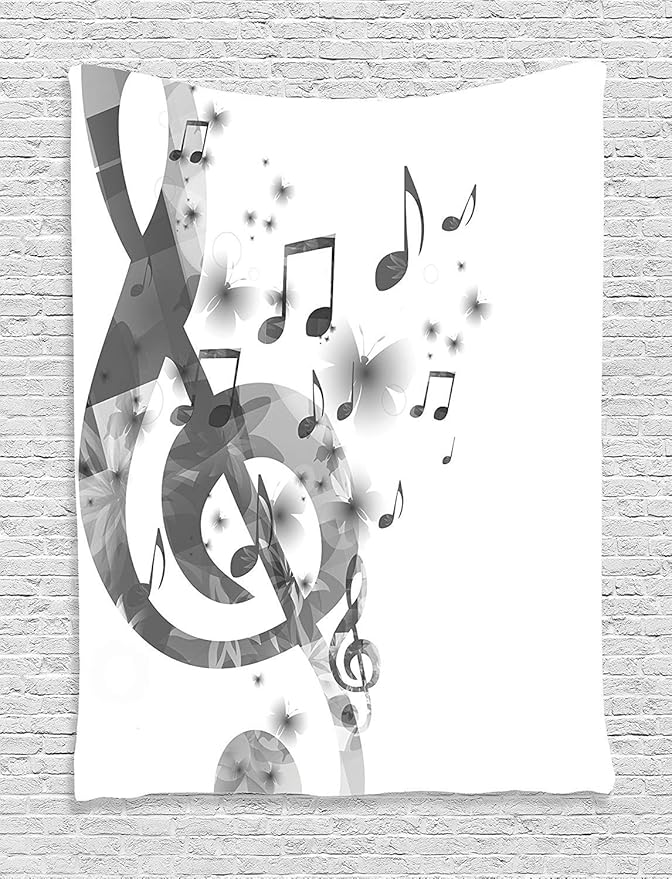 Ambesonne Music Tapestry, Notes with G-Clef Key and Instrument in a Monochrome Style of Creative Rhythmic Ornate Design Art, Wall Hanging for Bedroom Living Room Dorm Decor, 40" X 60", White Silver