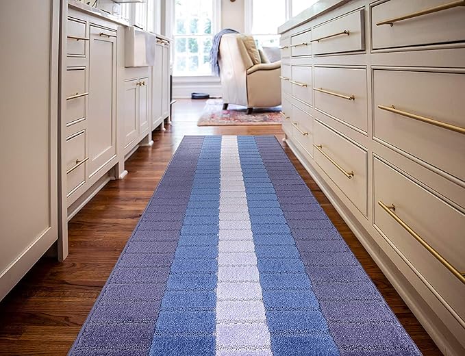 Custom Size Coastal Nautical Style Runner Rug Carpet for Hallway Entryway, Slip Resistant Latex Rubber Backed, 31 inch Wide X Customized Length, Squares Blue, 31 inch X 40 feet