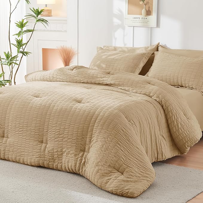 HYMOKEGE Khaki California King Comforter Set Seersucker 7 Pieces, All Season Luxury Bed in a Bag for Bedroom, Bedding Set with Comforter, Sheets, Pillowcases & Shams