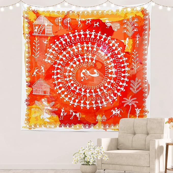 Batmerry Tribal Art Abstract Tapestry, Traditional Ancient Tribal Indian Rural Wall Art Hanging Decoration Polyester Fiber White Ruffled Around for Dorm Room Bedroom Living Room, 59.1x59.1 inches