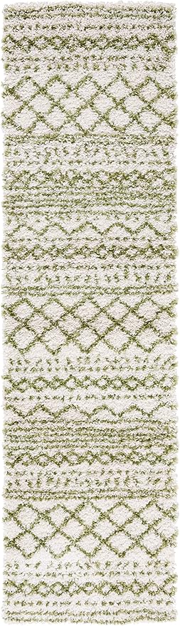 SAFAVIEH Arizona Shag Collection Runner Rug - 2'3" x 6', Ivory & Green, Moroccan Design, Non-Shedding & Easy Care, 1.6-inch Thick, Ideal for The Living Room, Bedroom, Dining Room (ASG741Y-26)