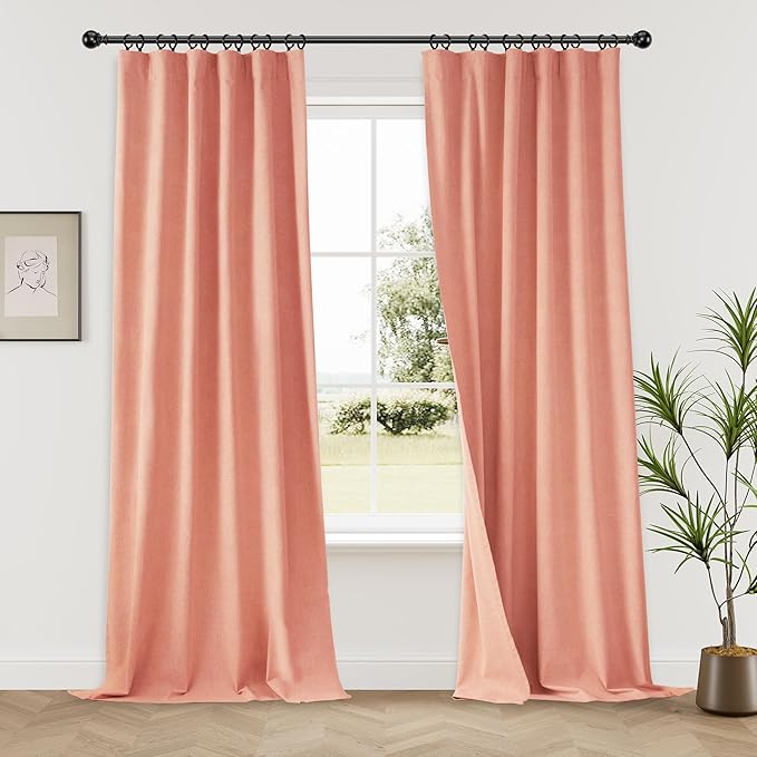 KangBang Coral Blackout Curtains 9FT Long Hook Belt Rod Pocket Black Out Linen Curtains Pinch Pleated Drapes for Cottage High Ceiling, Natural Drapes with Hooks for Track, 52x108, 2 Panels