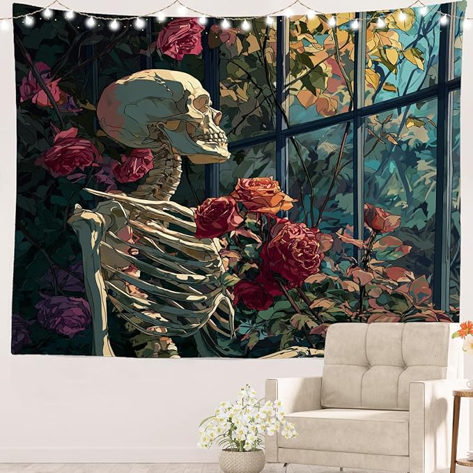 Batmerry Skeleton Roses Greenhouse Tapestry, Skeleton Roses Glass Flowers Wall Art Hanging Decoration Polyester Fiber White Ruffled Around for Dorm Room Bedroom Living Room, 59.1x82.7 inches