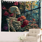 Batmerry Skeleton Roses Greenhouse Tapestry, Skeleton Roses Glass Flowers Wall Art Hanging Decoration Polyester Fiber White Ruffled Around for Dorm Room Bedroom Living Room, 51.2x59.1 inches