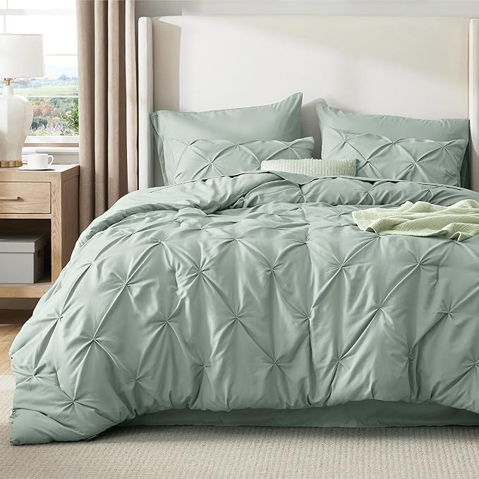 Bedsure Oversized Queen Comforter Set Sage Green - Bed in a Bag Bedding Set 7 Pieces, GentleSoft™ Pintuck Bed Set Gift for Family, Pinch Pleat All Season Comforter with Sheets, Pillowcases & Shams