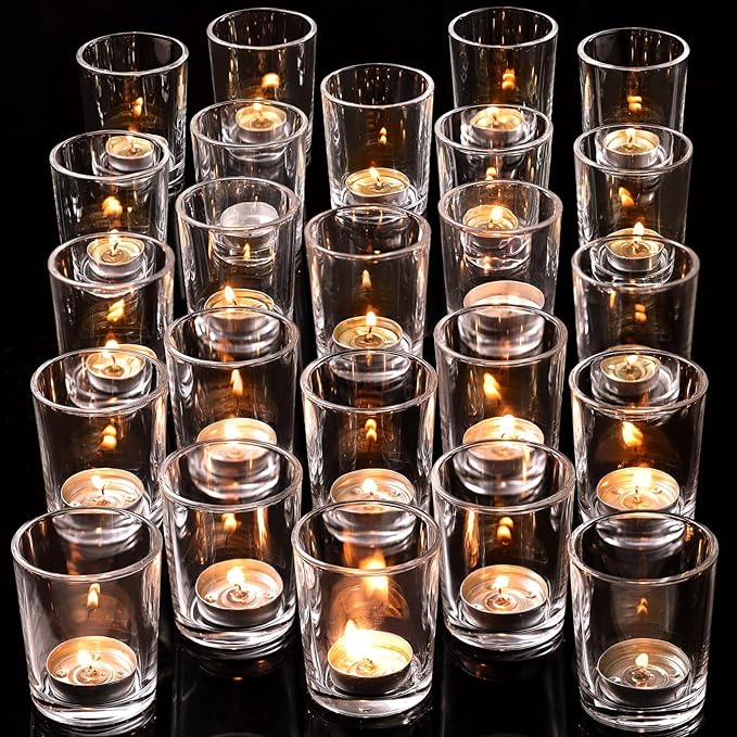 DARJEN 24Pcs Clear Votive Candle Holders- Clear Tea Lights Candle Holder, Glass Candle Holders Bulk for Wedding Centerpieces, Party Decor & Table Centerpiece