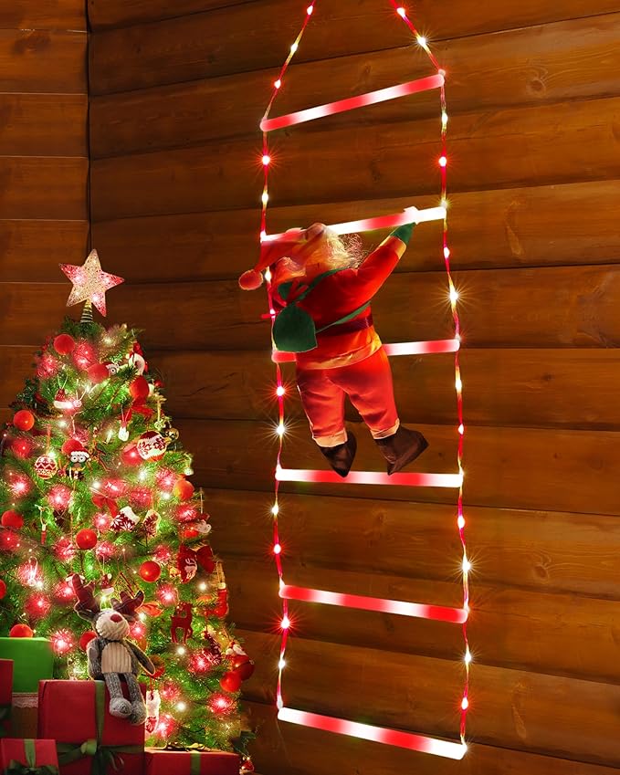 Toodour LED Christmas Light - 2.5FT Christmas Decorative Ladder Lights with Santa Claus, Xmas Decorations Light for Indoor Outdoor, Window, Garden, Home, Wall, Xmas Tree Decor - White & Red