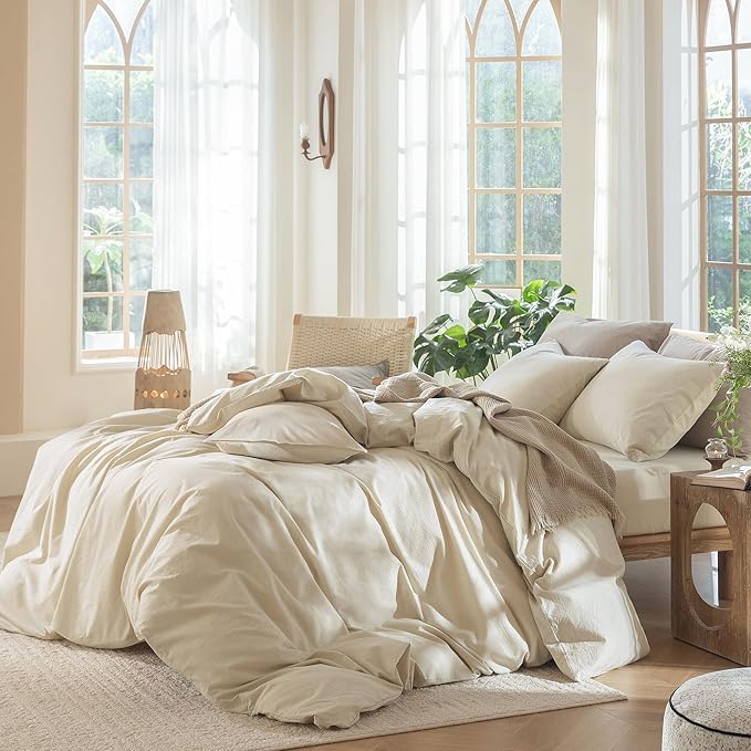 MooMee Bedding Duvet Cover Set 100% Washed Cotton Linen Like Textured Breathable Durable Soft Comfy (Heathered Almond Milk Grey, King 104"x90")