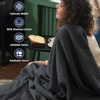 PHF 100% Cotton Waffle Weave Throw Blanket 50" x 60" - Lightweight Washed Soft Breathable for Adults and Kids - Perfect Layer for Couch Bed Sofa - Elegant Home Decoration Gift - Black