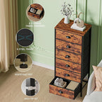 Furnulem Tall Dresser with 6 Drawers,Vertical End Table and Nightstand for Bedroom,Industrial Dorm Bedside Furniture with Fabric Storage Drawer Organizer in Living Room,Closet,Entryway(Rustic Brown)