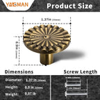 Brushed Antique Brass Cabinet Knobs 6 Pack Kitchen Vintage Round Sunflower Dresser Drawer Hardware Furniture Cupboard Handles for Bathroom Single Hole Knob SH-AB-K6