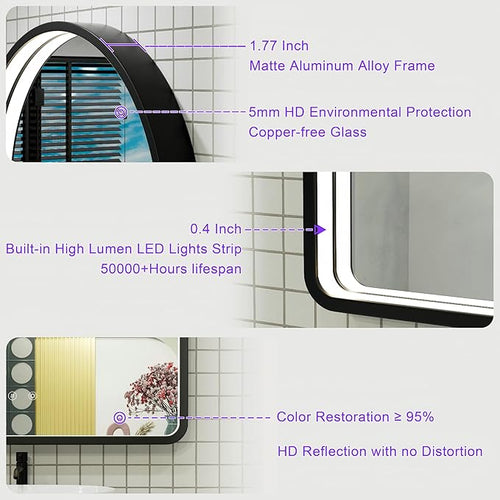 24x36 Inch Arched LED Mirror for Bathroom with Lights, Adjustable 3000K/4500K/6000K, Wall Mounted Black Frame Lighted Bathroom Vanity Mirror, Anti-Fog, Dimmable, Memory Function