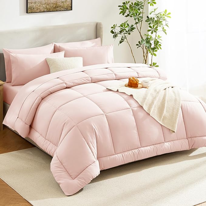 CozyLux Queen Comforter Set Blush Pink, 7 Pieces Bed in a Bag, Pink Comforter Queen Size, All Season Bedding Sets with Stitch Quilted Comforter, Flat Sheet, Fitted Sheet, Pillowcases