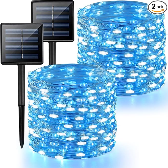 2 Pack Blue and White Solar String Lights Outdoor, 80FT 200 LED Waterproof Silver Wire Fairy Light, 8 Modes Solar Twinkle Light for Christmas Wedding New Year Independence Day Patio Fence Tree Decor