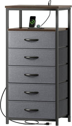 Huuger 5 Drawers Dresser with Charging Station, Dresser for Bedroom, Tall Night Stand, Chest of Drawers with Open Shelf, Bedside Table Nightstand, Fabric, for Entryway, Adult Only, Walnut