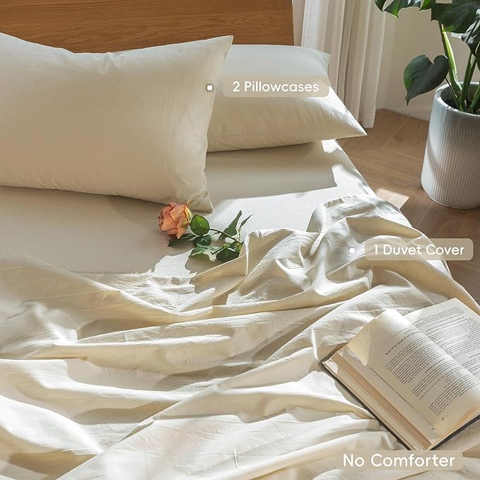 MooMee Bedding Duvet Cover Set 100% Washed Cotton Linen Like Textured Breathable Durable Soft Comfy (Heathered Almond Milk Grey, Oversized King Plus 128"x120")