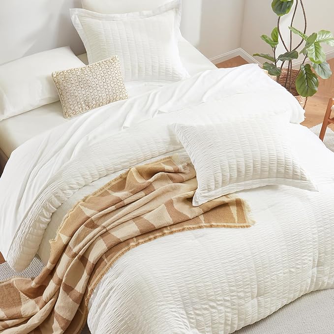 CozyLux King Size Comforter Set Ivory Seersucker 7 Pieces Bed in a Bag King Comforter Set with Sheets, Luxury Soft Bedding Set with Down Alternative Comforter, Sheets, Pillowcases & Shams All Seasons