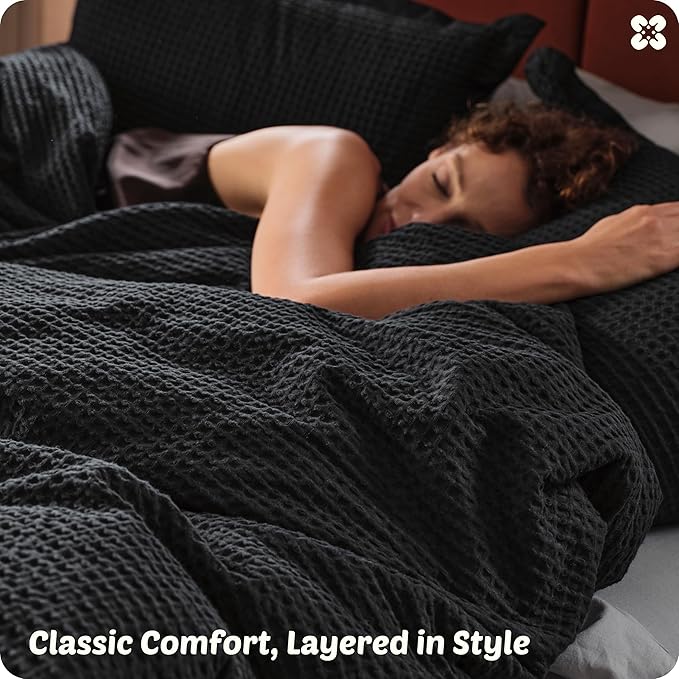 Bedsure Cotton Duvet Cover Set - 100% Cotton Waffle Weave Black Duvet Cover California King, GentleSoft™ and Breathable Cal King Bedding Set for All Season, 3 Pieces, 104"x98"