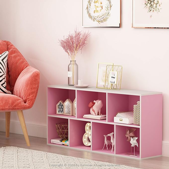 Furinno LUDER Book Shelf, 7-Cube Bookshelf, Bookcase, 9.4" x 19.5" x 41.7", for Living Room, Bedroom, Home Office, White/Pink