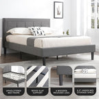 Decoro Mornington Upholstered 2.0 Platform Bed, Button-Tufted Fabric Headboard and Metal Frame with Wood Slat Support, Light Grey, King