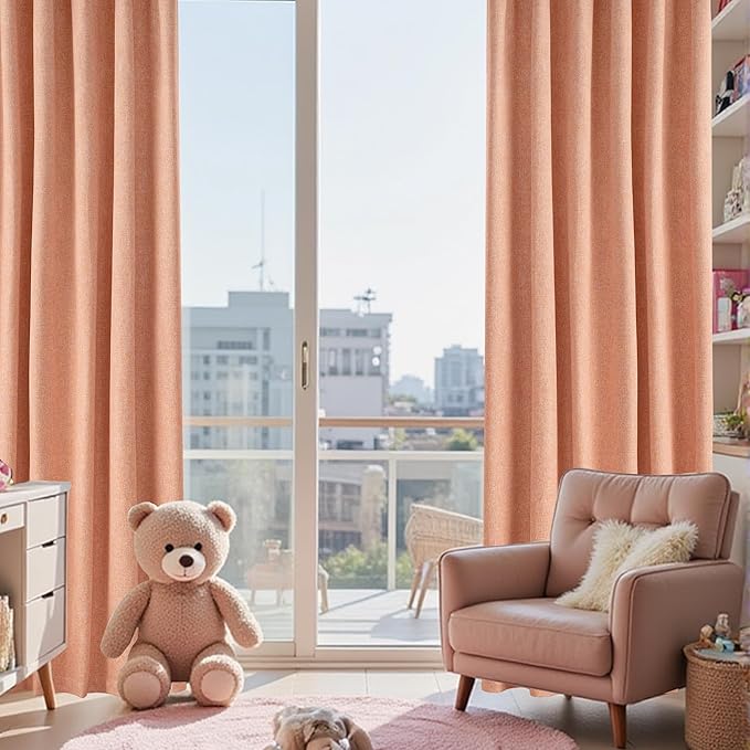 KangBang Light Coral Blackout Linen Curtains 96 Inches Long for Living Room Girls Nursery, Back Tab Hook Belt Rod Pocket Black Out Light Blocking Drapes, Farmhouse Curtains with Clip Rings, Salmon